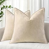 decorUhome Christmas Couch Throw Pillow Covers 18x18 Set of 2, Decorative Soft Euro Velvet Neutral Chenille Pillow Covers with Elegant Design for Sofa Bed Living Room Home Decor, Beige