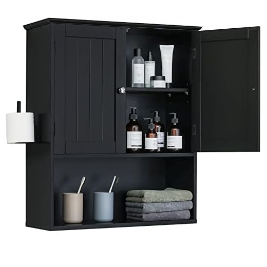 Iwell Bathroom Cabinet Wall Mounted with 2 Shelf & Toilet Paper Holder, 23.6''L*8.9''W*27.9''H Medicine Cabinet, Double Doors for Bathroom, Over The Toilet Space Saver Storage Cabinet, Black