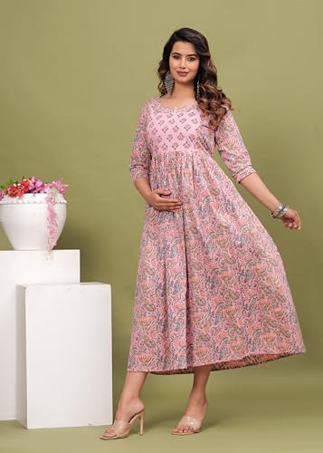 Image of Women's Feeding Kurta Cotton | Floral Anarkali Pregnancy Kurta with Nursing Zipper | Pre & Post Partum | Maternity Dresses | Mom to Be Gift