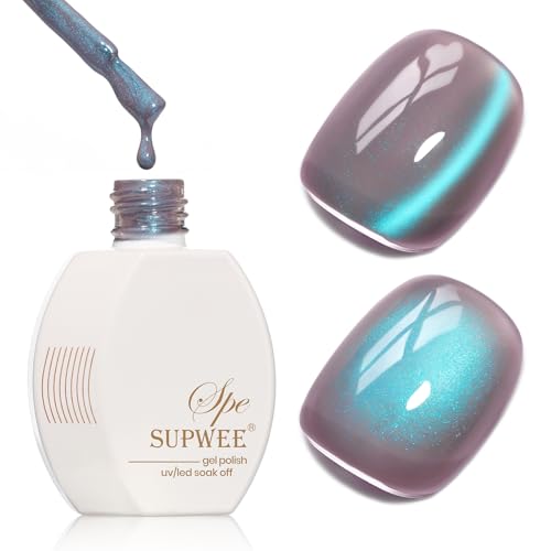 SUPWEE Cat Eye Gel Nail Polish, 15ML Jelly Glass Blue CatEye Effect with Magnetic Stick Shimmer Glitter Effect Soak Off Salon DIY at Home