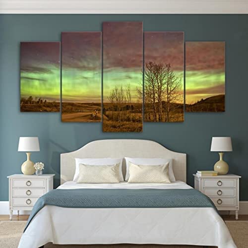 Tableau mural aurore et ciel étoilé en 5 panneaux pour salon XXL 200x100cm sans cadre