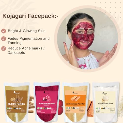 Image of Herbal Mulethi + Sandalwood + Beetroot + Rice Powder Mask (pack of 4) by Kojagari | D Tan, Pigmentation, Darkspots, Tan Removal Combo Face Pack | Brightening & Glow |