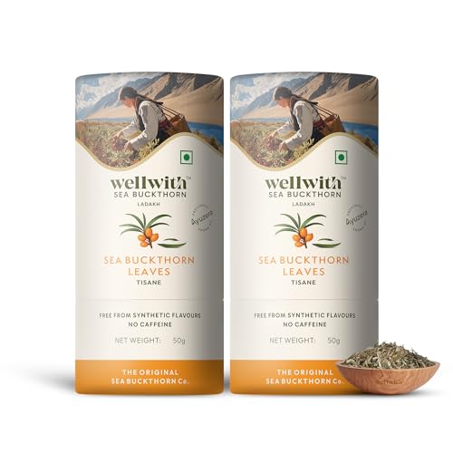 Image of Wellwith (Ayuzera) Sea Buckthorn Raw Leaves Tea | Himalayan Herbal Leaf Tea | Good for Skin, Immunity & Detox | Pure & Natural | 50g (Pack of 2)