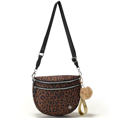 Image of Pander Crossbody Bum Bag for Women, Everyday Nylon Shoulder Bag with Pompom Keychain Wristlet Bag Charm, Adjustable Strap