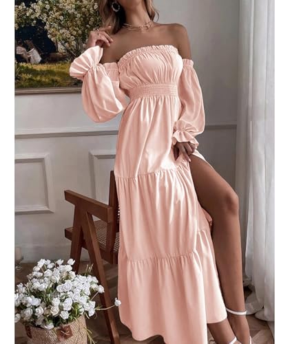 Image of ECDAHICC Women's Boho Sexy Off Shoulder Long Sleeve Maxi Dress High Waist Side Split A Line Tiered Long Dresses