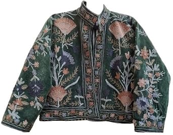 Vintage Embroidered Floral Jacket, Green Velvet with Multi-Color Botanical Pattern, Mandarin Collar