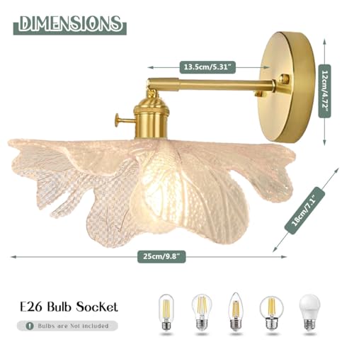 Image of Brass Vanity Light Brushed Gold Bathroom Light Fixtures - Clear Flower Glass Shade, Modern Hardwired Wall Sconce Retro Vanity Lighting for Over Mirror Bedroom Doorway Foyer Hallway