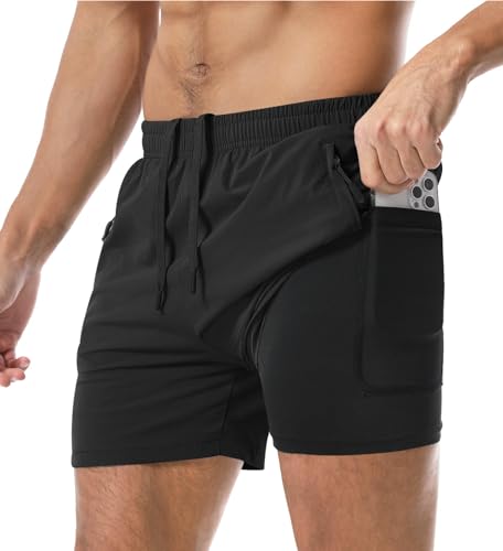 Aolesy Men's 2 in 1 Running Shorts 5 Inch Quick Dry Gym Workout Shorts with Zipper Pockets Lightweight Training Athletic Shorts for Men Black
