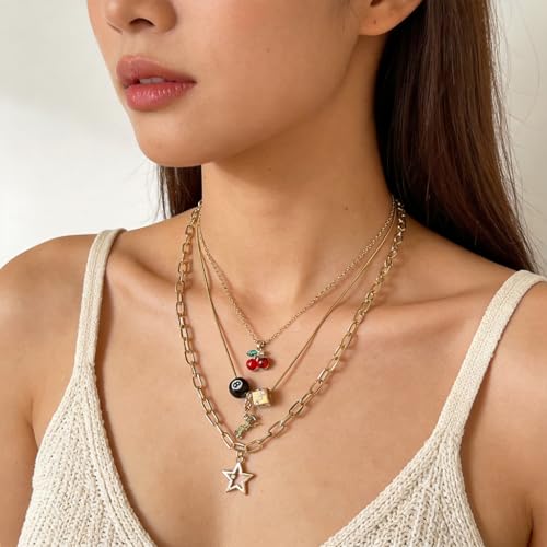 Image of SANNIDHI 3 Piece Y2K Layered Necklace Set for Women, Gold Tone Alloy Multi Layer Stacked Necklace with Cherry Pendant, Trendy Retro Aesthetic Jewelry