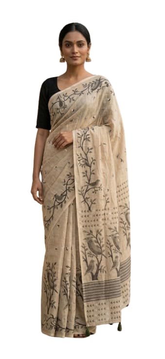 Image of Lilan Cotton Saree with White Daisy Floral Prints Tassel Pallu Lightweight Summer Saree