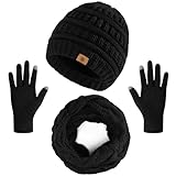 Winter Beanie Hat Scarf Gloves Set, Thick Warm Knit Winter Skull Cap Touch Screen Gloves Neck Scarf for Women Men Black
