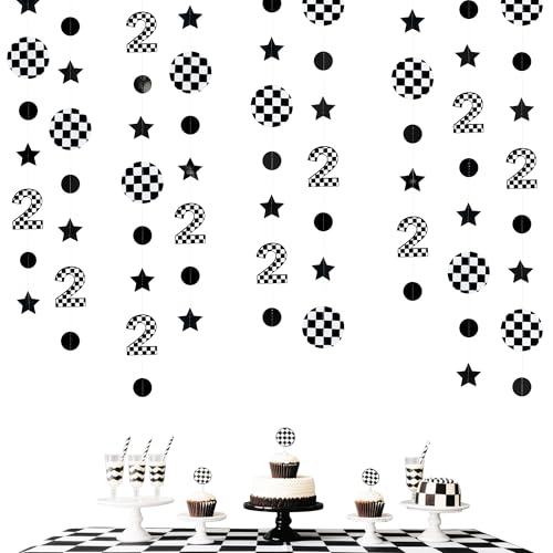 Image of Two Fast Birthday Party Decorations Black & White Checkered 2nd Polka Dot Star Hanging Garland Banner for Checkered 2 Year Old Race Car 2 Fast 2 Curious Dirt Bike Birthday Decorations Supplies