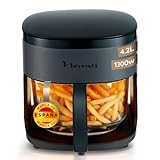 NARVI - Freidora de Aire 1300W con Bandeja de Cristal Visible – Air Fryer Cristal. Freidora Aire 4,2 Litros Hasta 260 °C, Cocción 360°, Panel Digital Táctil, Apta Lavavajillas, Bajo Consumo