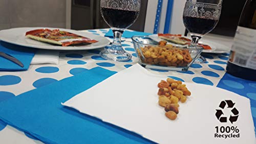 bissu - Mantel de Papel Damascado Desechable Antimanchas para Mesas de Comedor y Cocina Rectangulares de Colores | Rollo de 25 x 1.18 Metros. Biodegradable (Blanco con Lunares Azules)