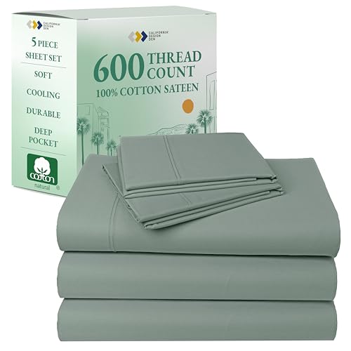 California Design Den Split King Sheet Set - 100% Cotton, 600 Thread Count, Breathable Luxury King Size Sheets for Adjustable Bed, Luxury Hotel-Quality Sheets, Soft Sateen (Sage Green - Cool Tone)