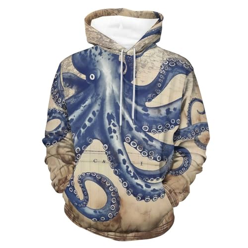 Sweat à capuche imprimé pieuvre carte avec finitions soignées pour homme femme S