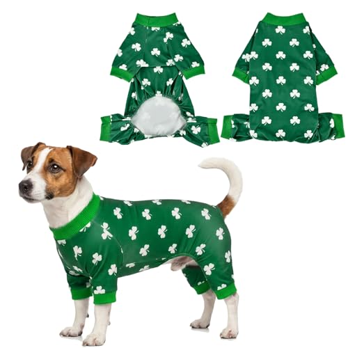 CooShou Saint Patrick’s Day Dog Pajamas Clover Pattern Dog Onesie Jumpsuit Soft Irish Festival Themed Pet PJs Outfit Costume Clothes for Small Medium-Large Breeds(Clover)