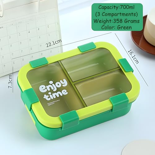 Image of Kids Tiffin Box Leakproof Lunch Box with 3 Compartments & Spoon | Food Grade BPA-Free Plastic Bento Lunch Box for School Boys & Girls | Airtight Snack Container for Kids & Office Use (700ml)