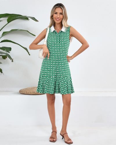 Image of YEXPINE Women's Sleeveless Polo Dress Ruffle Hem Lapel V Neck T-Shirt Summer Mini Dresses