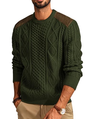 PJ PAUL JONES Mens Sweater Military Cable Knit Crewneck Vintage Long Sleeve Pulllover Sweaters with Suede Patchwork4