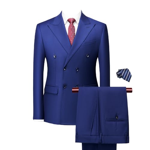 Mens 2 Piece Suit Slim Fit Double Breasted Solid Color Tuxedo Blazer Pants for Prom with Tie