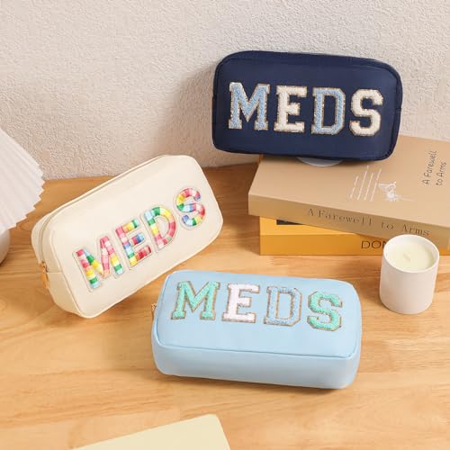 Personalized Chenille Letter Patch MEDS Bag,Cute Nylon Drug Medicine Travel Makeup Bag with Zipper, Preppy Vitamin Organizer Bag for Women and Girls (05Light Blue)