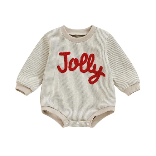 BemeyourBBs Newborn Baby Boy Girl Fall Winter Clothes Long Sleeve Bubble Sweatshirt Romper Cute Infant One Piece Outfit (Christmas Jolly Beige, 6-9 Months)