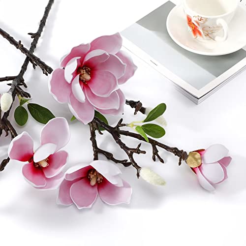 3Pcs Artificial Magnolia Stems Fake Real Touch Pink Flowers Magnolia Bouquet Silk Long Stem Magnolia Flowers For Home Office Wedding Table Store Floral Arrangements #TOP5