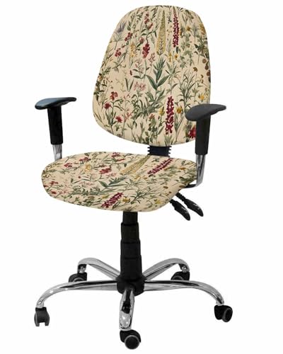 Farmhouse Flowers 2 Pieces Computer Office Chair Covers Set,Stretchable Desk Rotating Chair Seat Cushion Slipcover Back Covers,Retro Botanical Floral Herbs Plants Slipcover Back Cover,Protectors Cover
