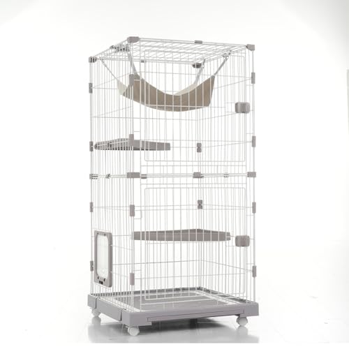 猫 ケージ キャットケージ 2段 自由組み合わせ トレー付き 猫ドア付き ハンモック付き 大型 猫ゲージ キャスター付き おしゃれ キャットハウス ネコ ハウス 多段 留守番 保護 脱走防止 多頭飼い (グレー)