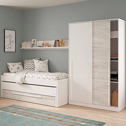 Mobelcenter, Dormitorio Juvenil Elliot, Conjunto Dormitorio Infantil Juvenil Color Blanco Artik y Blanco Velho, Cama Nido con Cajón y Armario 2 Puertas con Barra de Colgar y 4 estantes (P0055) - imagen 8
