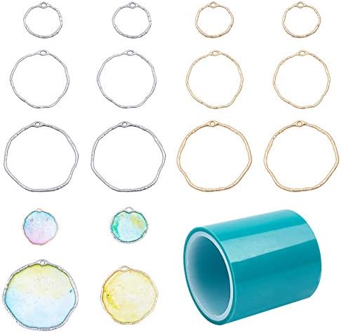 OLYCRAFT 36pcs Ring Open Bezel Charms 3-Size Alloy Frame Pendants Color-Lasting Hollow Resin Frames with Loop with 1 Roll Seamless Paper Tape - Gold & Silver