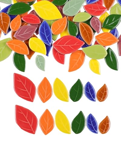 200g Mixed Sizes Leaves Mosaic Tiles for Craft Bulk, Small Ceramic DIY Stepping Stone Kit, Glazed Porcelain Tiles for Coasters Lamp Bathroom Decorations (Mixed)