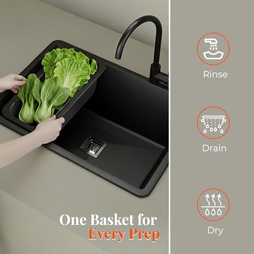 Image of Lorazzo Kitchen Sink Basket - Over The Sink Expandable Colander for Vegetable & Fruit Washing | Drain Basket & Sink Strainer | Adjustable Kitchen Sink Accessories | 1-Year Warranty (Matte Black)