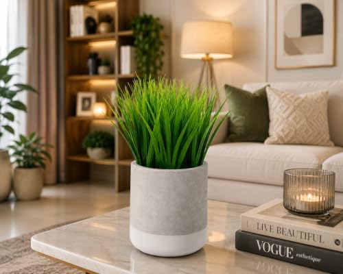 Image of Artificial Grass Plant in Ceramic Pot, 10 Inch, Grey and White