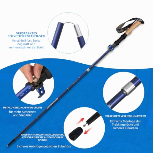 Overmont Wanderstöcke Carbon, 7075 Aluminium Ultraleicht faltbar verstellbar 105-125CM Trekkingstöcke Nordic Walking Stöcke 1 Paar mit All Terrain Zubehör