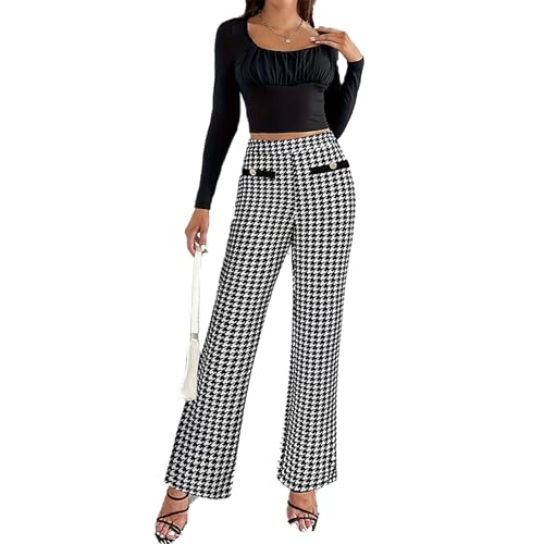 Pantalon 2025 pour femme élégant imprimé pied-de-poule taille haute évasé jambes larges, Noir , L