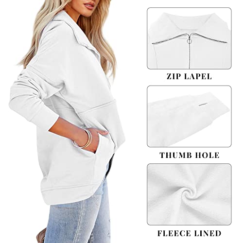 Women's Long Sleeve V Neck Lapel Sweatshirt Half Zip Tunic Pullover Fleece Jumper Tops With Pockets White #TOP1