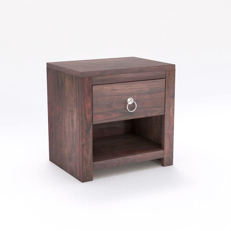 Image of Solid Wood Sheesham End Table with 1 Drawer and 1 Shelf Modern Design - Walnut Finish