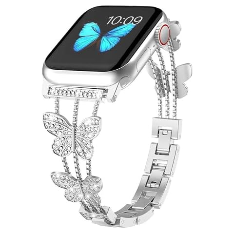 GEAPRIE Butterfly Watch Strap Suitable for Apple Watch 38mm 40mm 41mm 42mm 44mm 45mm, Cute Women's Watch Strap Metal Women's Watch Strap iWatch Ultra 2 SE Ultra Series 9 8 7 6 5 4 3 2 1 (Silvery) Cover