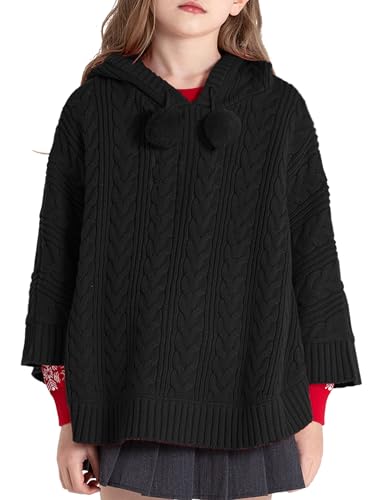 Image of BOBOYOYO Cape for Girls Hooded Cable Knit Poncho Sweaters Kids Shawl