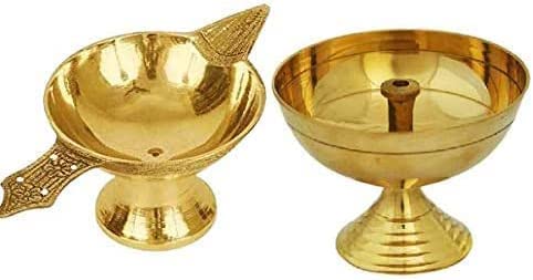 Set of 2 Pure Brass (1 Brass Diya + 1 Akhand Diya) Arti Diya Deepak Wick Lamp Deep Oil Ghee Jyot Diya Stand for Pooja Diwali Religious Temple Kuber Diya Akhand Jyoti