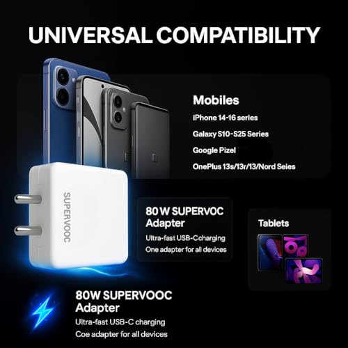 Image of 80W Type C Supervooc Charging Charger with 1M Cable Support Dash /Superdart /Wrap /Vooc for Oneplus 13s /13 / 13R /Open /12 /12R /11 /11R /10 Pro /10R /10T /9Pro /9R /8Pro /Nord 5 /Ce5- Fast Charge Adapter 80Watt-White