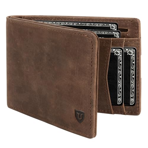 LORZOR Full Grain Vintage Leather Wallet for Men, Minimalist Front Pocket Mens Wallet Slim Bifold RFID Blocking with ID Windows, Gift for Men Dad Husband