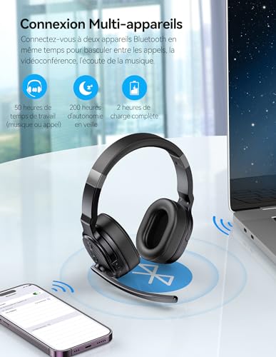 Casque anti bruit Bluetooth pour centres d'appels et bureaux avec micro clair TECKNET
