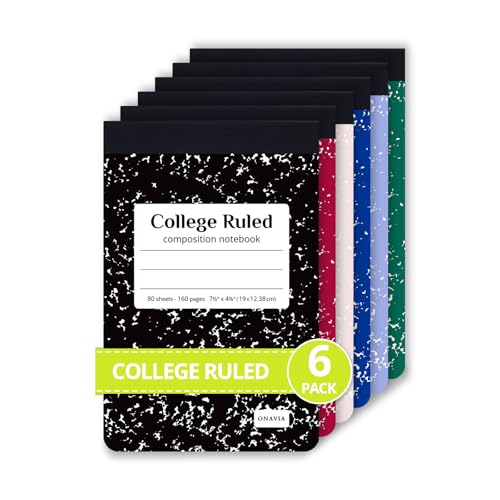 ONAVIA 6 Pack Mini Composition Notebooks Bulk, Half Size College Ruled Composition Notebook, 80 Sheets, 4-7/8 x 7-1/2", Jr. Composition Notebooks for School, Classroom, Office, Assorted Colors