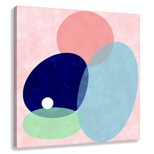 Abstract Art Wall Canvas Print Decor Pictures Painting Soft Shapes Modern Geometric Minimalist Pastel Pink Navy Blue Mint Green Sky Living Room Bedroom Office 16X16Inch