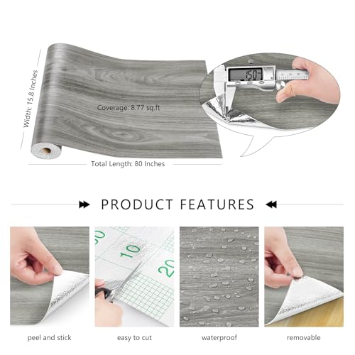 LaCheery Peel and Stick Wood Flooring Grey Wood Grain Vinyl Flooring Roll Peel and Stick Floor Tile Bathroom Kitchen Wood Flooring Planks Waterproof Self Adhesive Removable Foam Wall Paper 15.8\"x80\" - Thumbnail 7