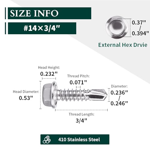 #14 x 3/4" (50 pcs) Hex Washer Head Self Drilling Screws, 410 Stainless Steel Metal Sheet Tek Screws, Self Tapping Point, No Pre-drilled Hole Needs - Thumbnail 3