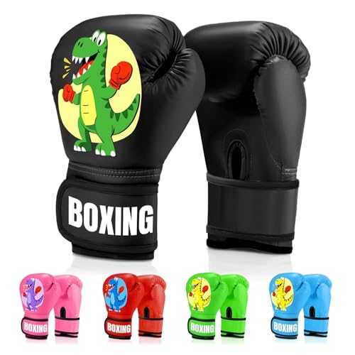 JUOIFIP Gants de Boxe Enfants 4oz, Gants dentraînement Primaire en PU, Adaptés aux 3-12 Ans Entraînement Gants de Boxe pour Sac de Frappe Kickboxing Muay Thai,Noir